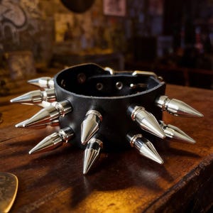 Punk Large Bullet Spike Leather Bracelet: Grunge Silver Studded Wrist Cuff