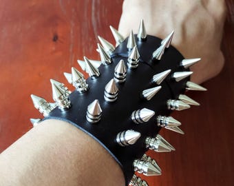Handmade Punk Leather Spike Bracelet: Silver Studded Gothic Cuff