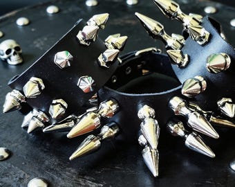 Punk Black Leather Spike Bracelet: Rivet Buckle Wrist Cuff