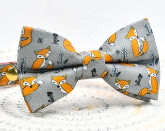 Fox Cat Collar Bow Tie Set, Gray Pearl Bell, Kitten Puppy Collar