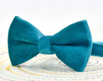 Cyan Velvet Cat Collar Bow Tie, Kitten Puppy Collar with Bell