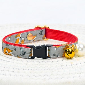 Cat Collar, Autumn & Fox, Grey Cat Collar Bell and Pearl  / Wedding / Cat + Small Dog Sizes, Kitten Collar