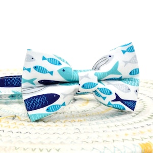 Bow Tie Cat Collar Set, Sea Fish Cat Collar Matching Bowtie with Bell Pearl  + Small Dog Sizes,  Blue Cat Collar