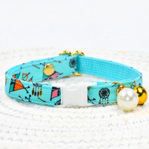 Cat Collar, Bohemia Teepee, Blue Cat Collar Bell and Pearl  / Wedding / Cat + Small Dog Sizes, Kitten Collar