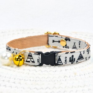 Cat Collar, Bohemia Teepee, Gray Cat Collar Bell and Pearl  / Wedding / Cat + Small Dog Sizes, Kitten Collar