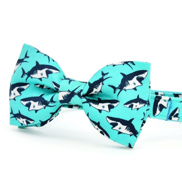 Bow Tie Cat Collar Set, Blue Shark Cat Collar Matching Bowtie with Bell Pearl  + Small Dog Sizes