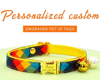 Personalized Custom Plaid Cat Collar, Yellow Cat Collar, Laser Engraving Cat Nameplate, Cat /. Dog ID, Small Dog Collar, Cat Microchipped
