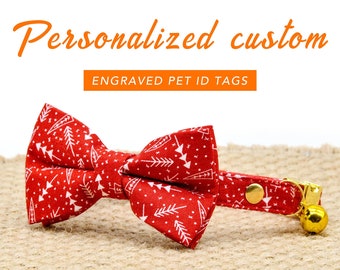 Personalized Red Pine Cat Collar Bowtie Set, Christmas Puppy Collar