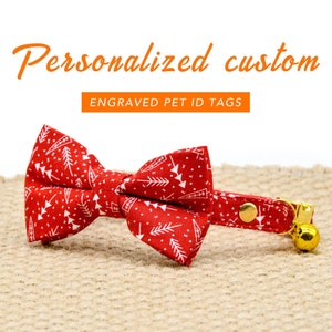 Conjunto de arco de collar de gato personalizado, boda / cumpleaños / regalo de gato de Navidad + collar de perro pequeño, collares de gato de pino rojo personalizados