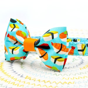Bow Tie Cat Collar Set, &quot; Sushi “, Blue Cat Collar Matching Bowtie with Bell Pearl  + Small Dog Sizes