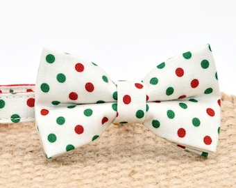 Polka Dot Cat Collar, Bow Tie, Flower, Red & Green, with Bell