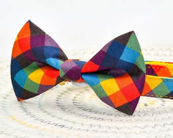 Plaid Cat Collar Bow Tie with Bell, Kitten Puppy Small Dog Size