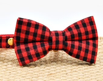 Collar de gato a cuadros / pajarita / flor, collar de gato de búfalo rojo y negro, boda / cumpleaños / Navidad, gato + tamaño de collar de perro pequeño