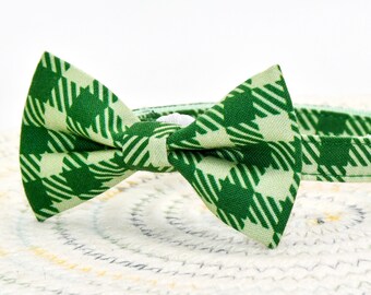 Green Plaid Cat Collar Bow Tie, Cactus Charm, Kitten Puppy Collar