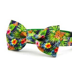 Bow Tie Cat Collar Set, &quot; Summer Pineapple “, Green Tropical Cat Collar Matching Bowtie with Bell Pearl  + Small Dog Collar Sizes