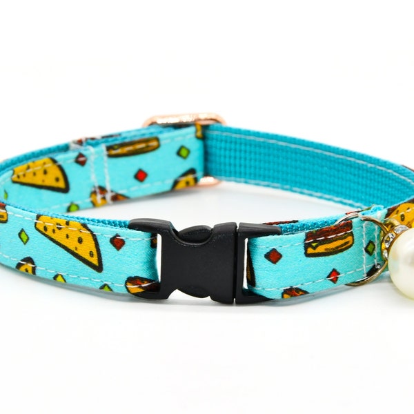 Cat Collar, Blue Taco Cat Collars / Matching Bell and Pearl  / Wedding / Cat + Small Dog Sizes