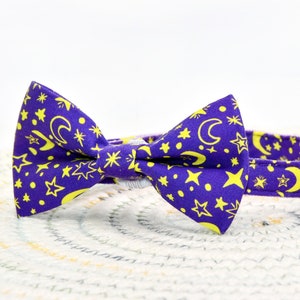 Star  & Moon Cat Collar Bow Tie, Space Cat Collar with Charm, Purple Cat Bow Tie, Purple Collar for Cat + Small Dog Size, Kitten Collar