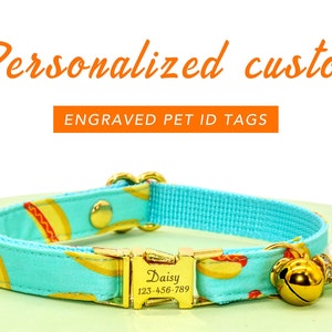 Collier de chat personnalisé personnalisé pour hot-dog, collier de chat bleu, collier de chat pour gourmets, carte d'identité de chat, cadeau pour amoureux des chats, collier de petit chien, chat avec puce électronique