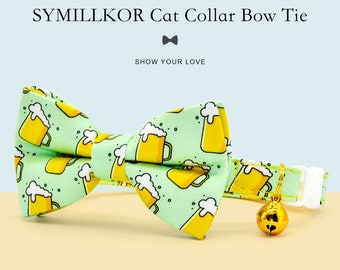 Bow Tie Cat Collar Set, " Beer “, Cat Collar Matching Bowtie with Bell Pearl  + Small Dog Sizes