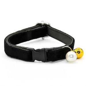 Cat Collar, Black Velvet Cat Collar / Matching Bell and Pearl  / Wedding / Cat + Small Dog Sizes