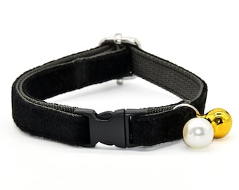 Black Velvet Cat Collar with Bell and Pearl, Kitten Puppy Sizes
