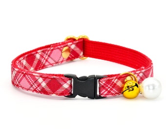 Plaid Cat Collar / Bow , Red & Pink Gird Cat Collar, Wedding / Birthday / Christmas, Cat + Small Dog Collar Size