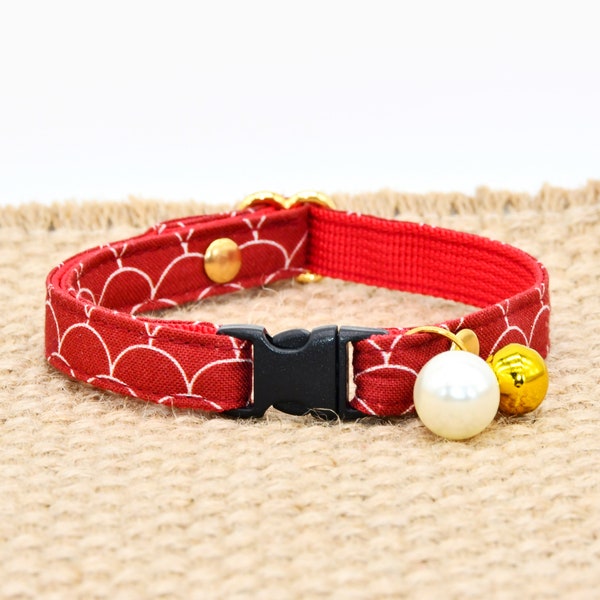 Fish Scale Pattern Cat Collar / Bow, Red Cat Collar, Wedding / Birthday / Christmas for Cat Collars