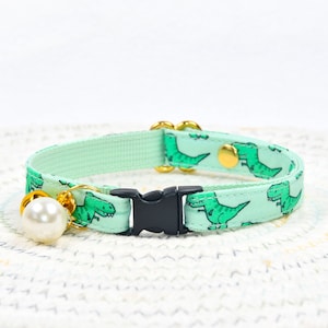 Cat Collar, Green Dinosaur, Dino Cat Collar Bell and Pearl  / Wedding / Cat + Small Dog Sizes, Kitten Collar