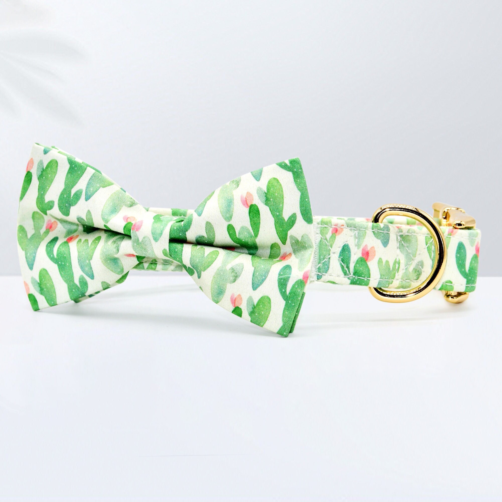 Summer Cactus Dog Bowtie Collar Leash, Personalized Custom Dog ID Collar, Name Collar, Green Dog Collar, Wedding / Birthday Dog Outfit