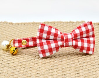 Red and White Buffalo Plaid Cat Collar with Bowtie, Bell and Pearl