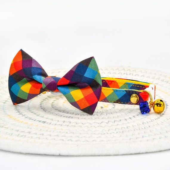 Plaid Cat Collar Bow Tie, Plaid Cat Collar with Charm, Plaid Cat Bow Tie, Plaid Collar for Cat + Small Dog Size, Kitten Collar