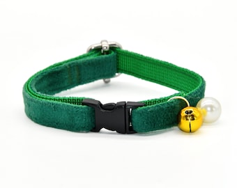 Green Velvet Cat Collar with Bell and Pearl, Small Dog Sizes