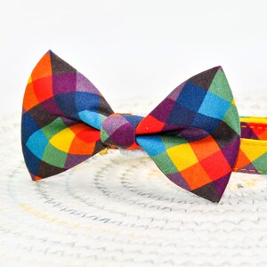 May include: A colorful plaid bow tie with a rainbow pattern in shades of red, orange, yellow, green, blue, and purple. The bow tie is tied with a white ribbon.