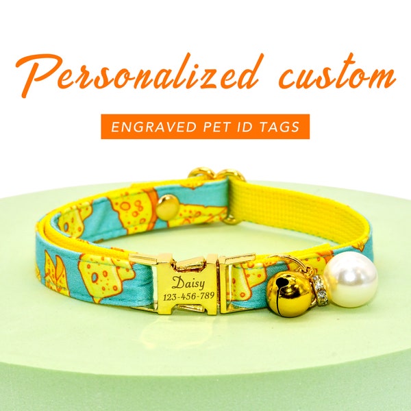 Personalized Custom Cat Collar, Cheese Cat Collar Bow, Foodie Cat Collar Bowtie, Cat ID, Cat Lover Gift, Small Dog Collar, Cat Microchipped