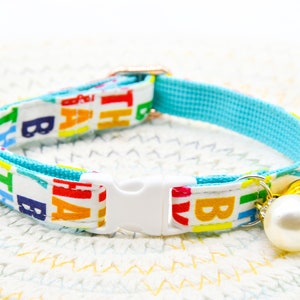 Cat Collar, Happy Birthday, Cat Collar / Matching Bell and Pearl  / Wedding / Cat + Small Dog Sizes