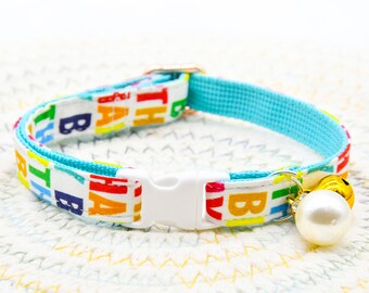 Happy Birthday Cat Collar with Bell and Pearl, Kitten Puppy Sizes