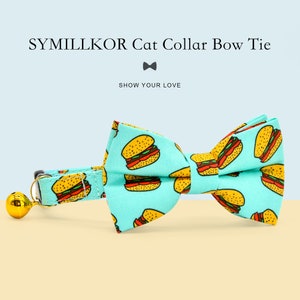 Bow Tie Cat Collar Set, &quot; Lake Blue Hamburger “, Cat Collar Matching Bowtie with Bell Pearl  + Small Dog Sizes