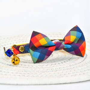 May include: A yellow cat collar with a rainbow plaid bow tie and a blue gem and gold bell charm.