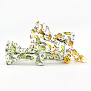 Bow Tie Cat Collar, Green Yellow Dinosaur Cat Collar Matching Bowtie with Bell Pearl, Birthday / Wedding Cat Collar Bowtie