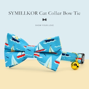 Bow Tie Cat Collar Set, &quot;Lake Blue Background - Sailboat“, Cat Collar Matching Bowtie with Bell Pearl  + Small Dog Sizes