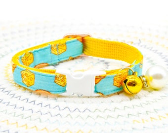 Blue Cat Collar, Cheese Cat Collar / Matching Bowtie Bell and Pearl  / Wedding / Cat + Small Dog Sizes