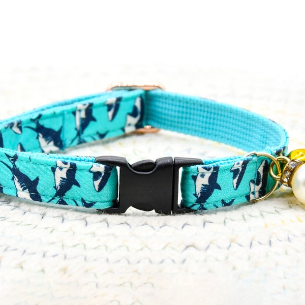 Cat Collar, Blue Shark Cat Collar / Matching Bell and Pearl  / Wedding / Cat + Small Dog Sizes