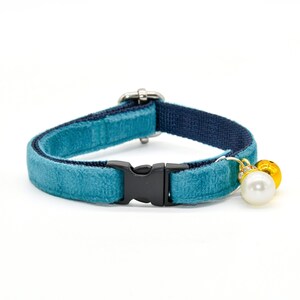 Cat Collar, Cyan Velvet Cat Collar / Matchin Bell and Pearl  / Wedding / Cat + Small Dog Sizes