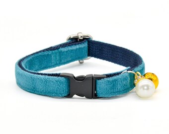 Cyan Velvet Cat Collar with Bell and Pearl, Safety Buckle