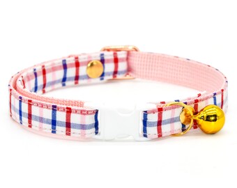 Plaid Cat Collar / Bow , Red and blue grid Cat Collar, Wedding / Birthday / Christmas, Cat + Small Dog Collar Size