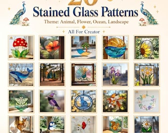 Pacote com 20 padrões de vitrais – Flores, pássaros e oceano para painéis e apanhadores de sol | Download instantâneo em PDF. CB21