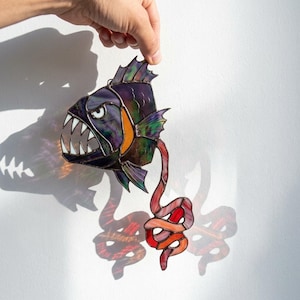 3DT98 Angler Fish Stained Glass Pattern, Monster Fish PDF, Gothic Tiffany DIY Art