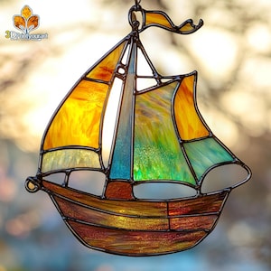 Digital Download Stained Glass Sailboat Pattern | Festive Suncatcher Design | Hobby License Download