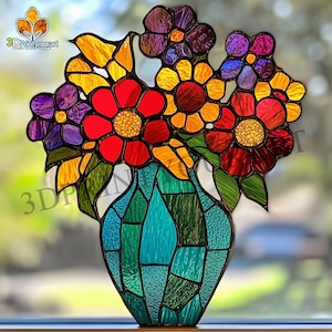 May include: A stained glass window panel depicting a bouquet of colorful flowers in a turquoise vase. The flowers are red, yellow, and purple. The vase is made of small, geometric pieces of glass.