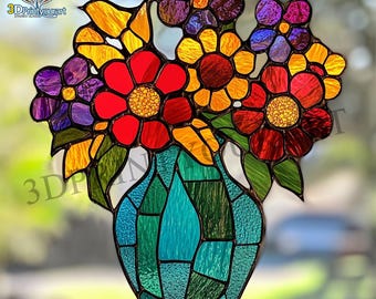 花瓶のステンドグラス模様、花束のサンキャッチャーテンプレート、花瓶